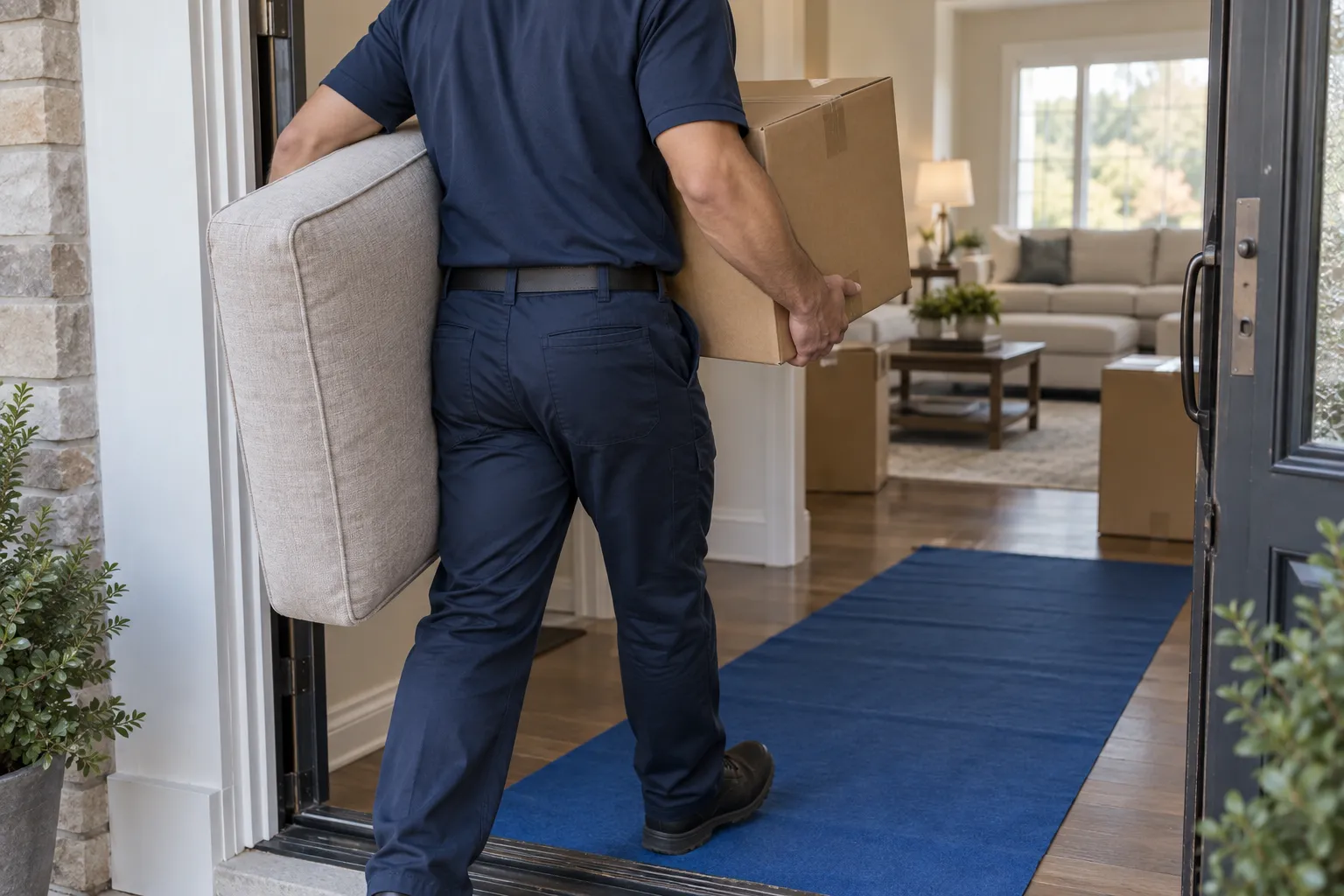 Worker carefully moving household items through a doorway